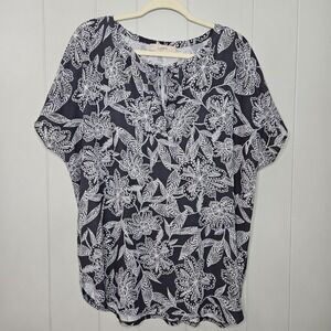 Loft XL Gray White Floral Top Shirt Tie Neck Blouse